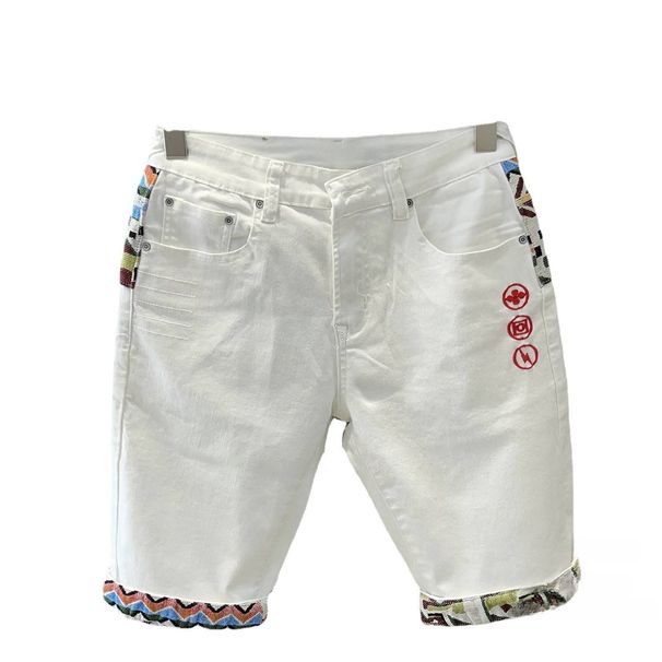 Men's Clothing Summer White Embroidered Denim Shorts Versatile Trendy Casual Straight Elastic Popular Personality Five Point Pants_mkmklike.com