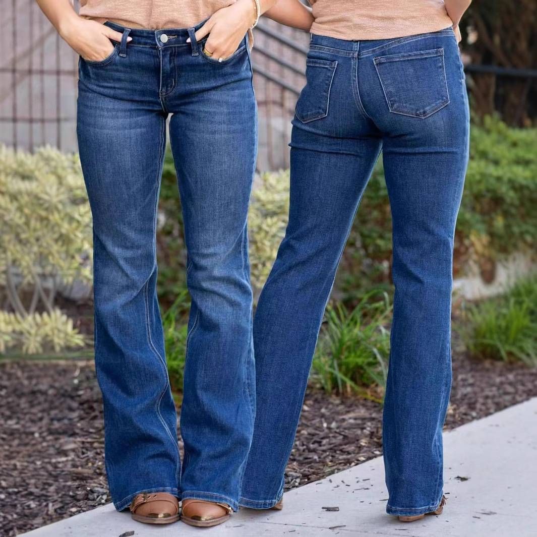 Women's Punk Western Flared Jeans – Retro High-Waisted Bootcut Denim Pants With Distressed Details_mkmklike.com