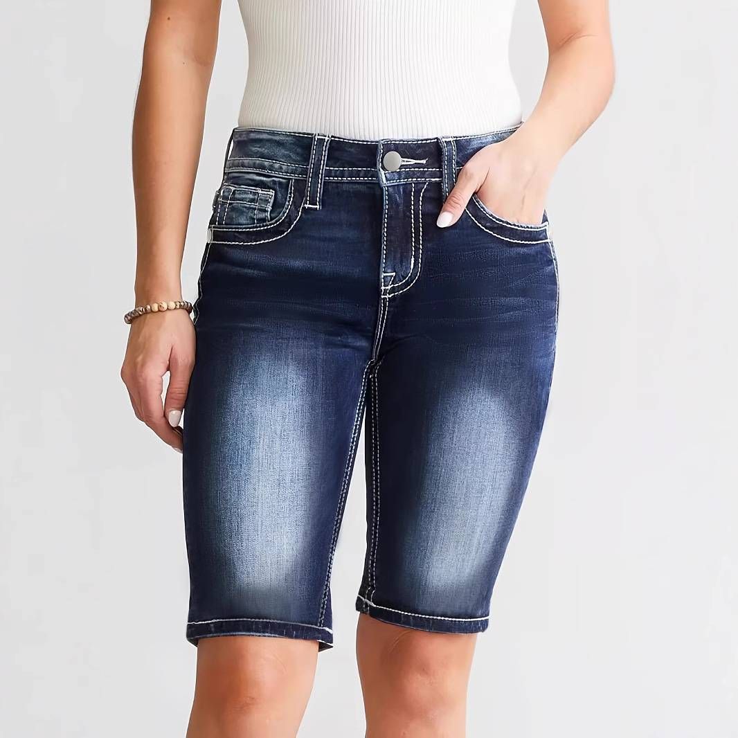 Women's Slim Fit High Waist Denim Shorts – Embroidered Stretch Jeans Shorts (Dark Blue, S-XXL)_mkmklike.com