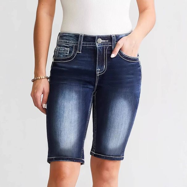 Women's Slim Fit High Waist Denim Shorts – Embroidered Stretch Jeans Shorts (Dark Blue, S-XXL)_mkmklike.com