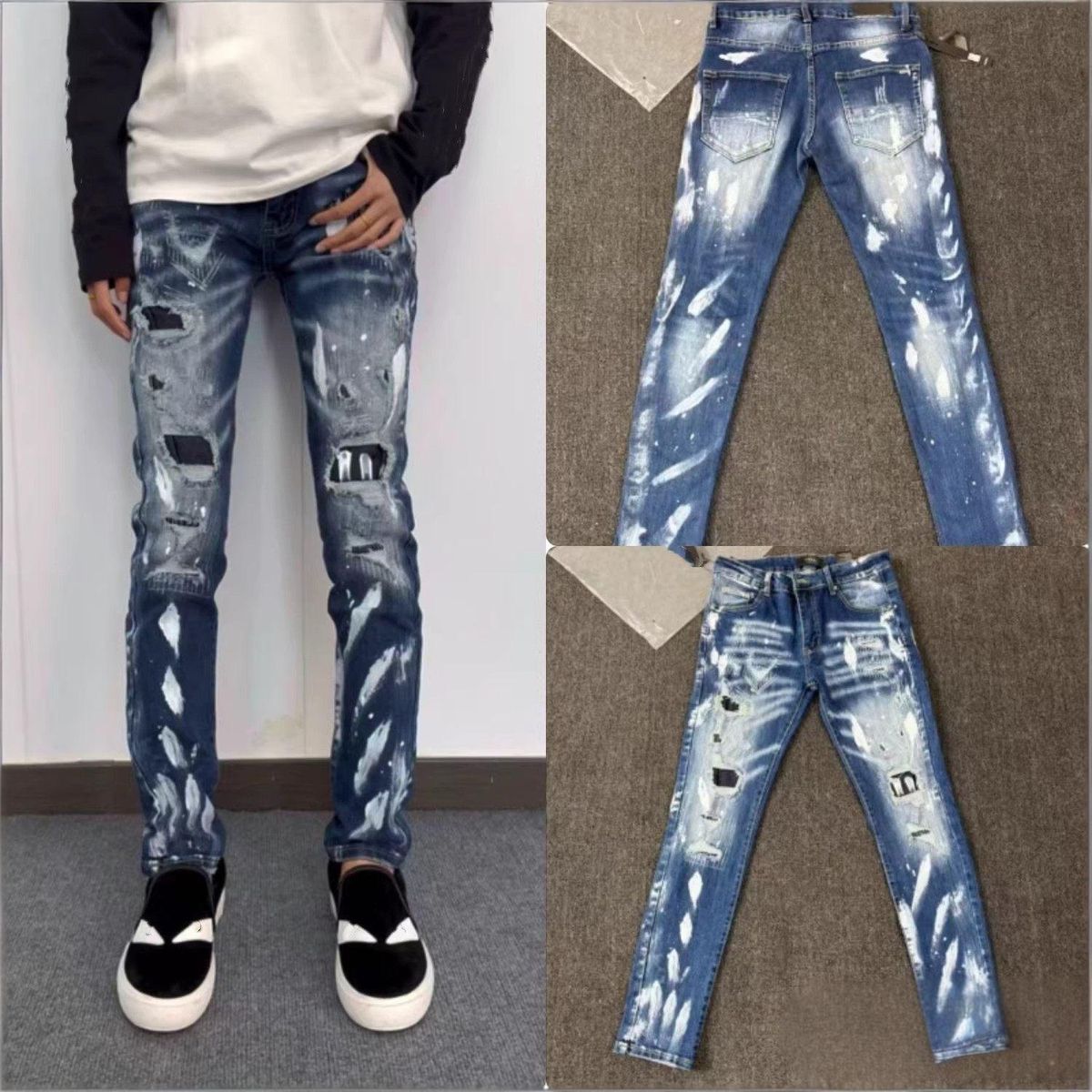 Men's Clothing Men's Stretch Slim Fit Skinny Jeans Style Light Luxury Distressed Patched Trousers Trendy Paint Splatter Denim_mkmklike.com
