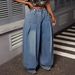 Retro Washed Blue Wide Leg Jeans High Waisted Elastic Plus Size Lantern Jeans Style Design Pleated_mkmklike.com