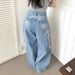 Women's Wide Leg Jeans High Waisted Street Style Retro Embroidered With Letters And Flowers Loose Fit Floor Length Y2K Trousers_mkmklike.com