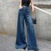 Women's Clothing High Waist Wide Leg Jeans - Stretchy Retro Blue Flared Trousers With Vintage Wash & Floor-Length Design_mkmklike.com