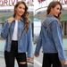 Women's Clothing Distressed Denim Jacket With Rivets & Fringe - Oversized Short Biker Style For Fall Fashion_mkmklike.com