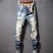 Men's Straight Leg Vintage Denim Jeans - Navy Blue Washed Cotton Pants With Distressed Details For Casual Streetwear_mkmklike.com