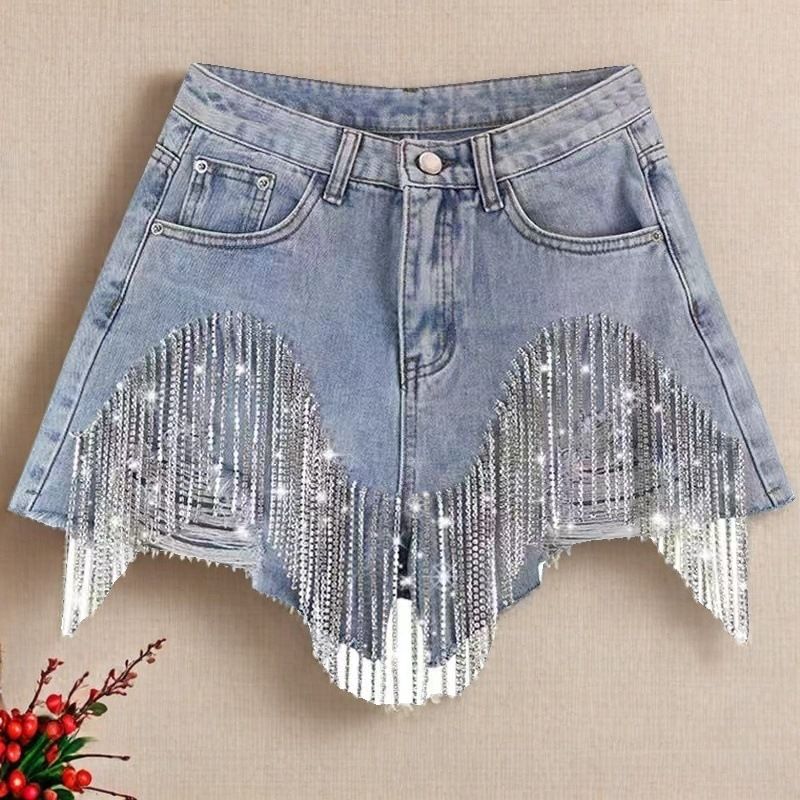 Heavy Duty High Waisted Slimming Hot Pants For Women With Beading Sequins Tassels Ripped Denim Frayed Edges Summer Fashion_mkmklike.com