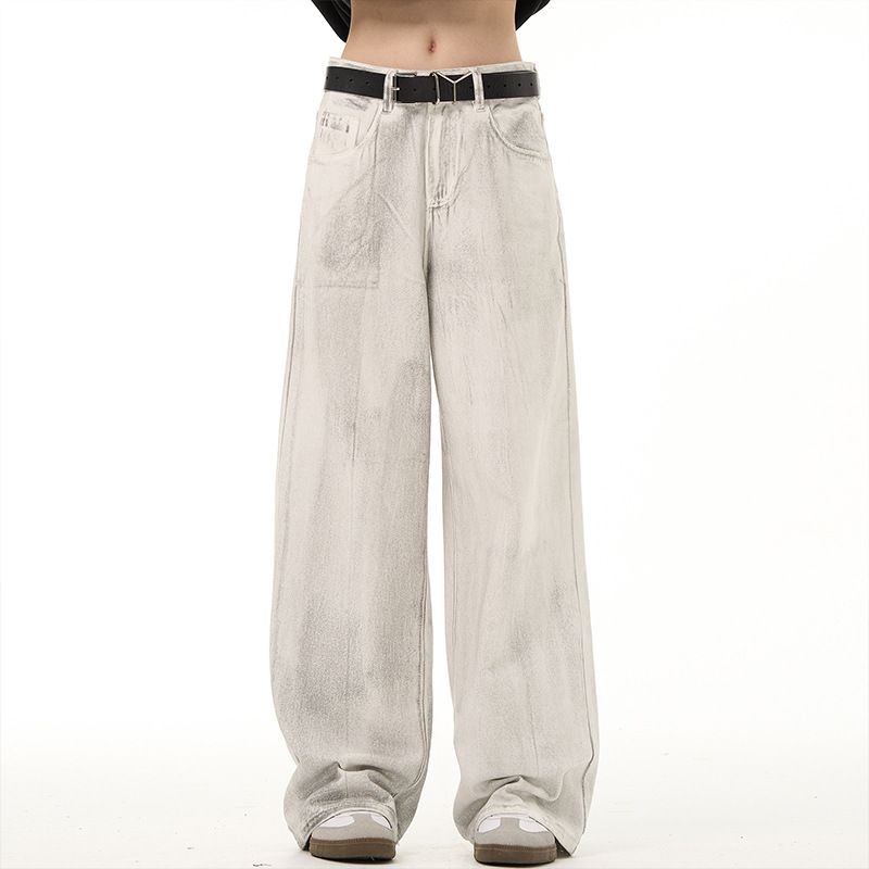 Men's Washed Vintage Distressed Jeans Relaxed Fit Trousers with Drape Effect Retro Casual Pants White More S-3XL_mkmklike.com