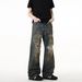 Men's Distressed Vintage Washed Jeans - Post-Apocalyptic Streetwear Denim Pants With Ripped Details, Loose Fit Vibe Casual Trousers_mkmklike.com