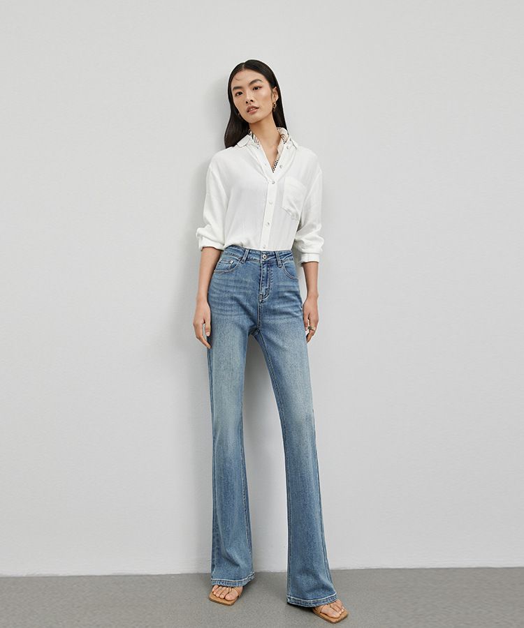 Luxury High-Waisted Flared Jeans For Women – Stretch Slim Fit With Fleece Lining (Blue Denim, Cropped/Regular/Long)_mkmklike.com