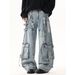 Men's Clothing Men's Distressed Cargo Jeans - Oversized Streetwear Denim Pants With Multi-Pockets & Patchwork Design (Blue/Vintage Blue)_mkmklike.com