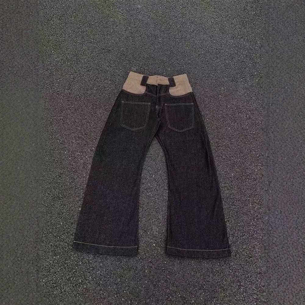 Raw Denim Scarf-Waist Wide-Leg Jeans – Wool-Blend Patchwork & Reverse-Wear Curve Hem (S-XL, 80% Cotton, Distressed Wash)_mkmklike.com