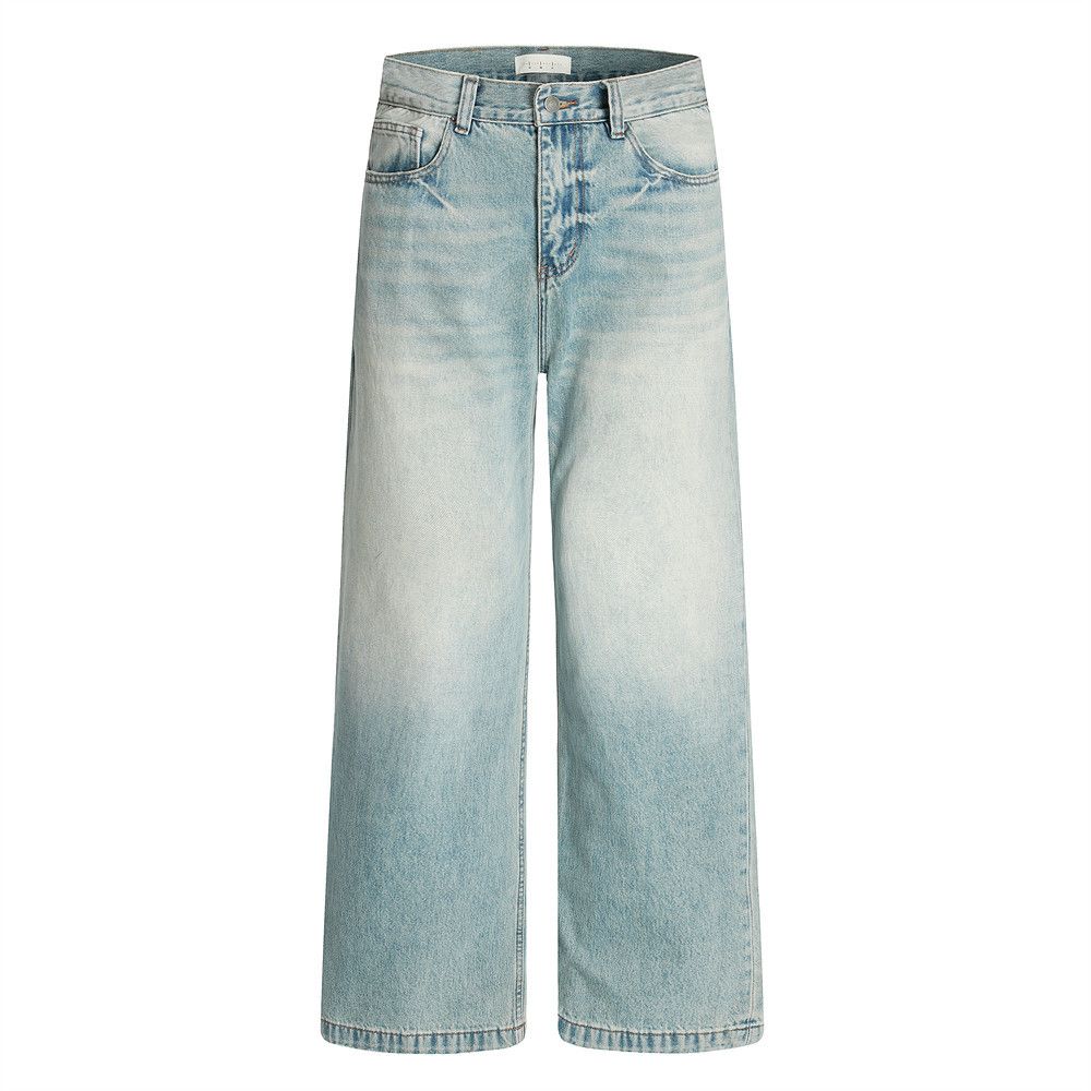 Washed Gradient Jeans Men's Loose Wide-Leg Straight Long Street Fashion Punk Distressed Casual Pants_mkmklike.com