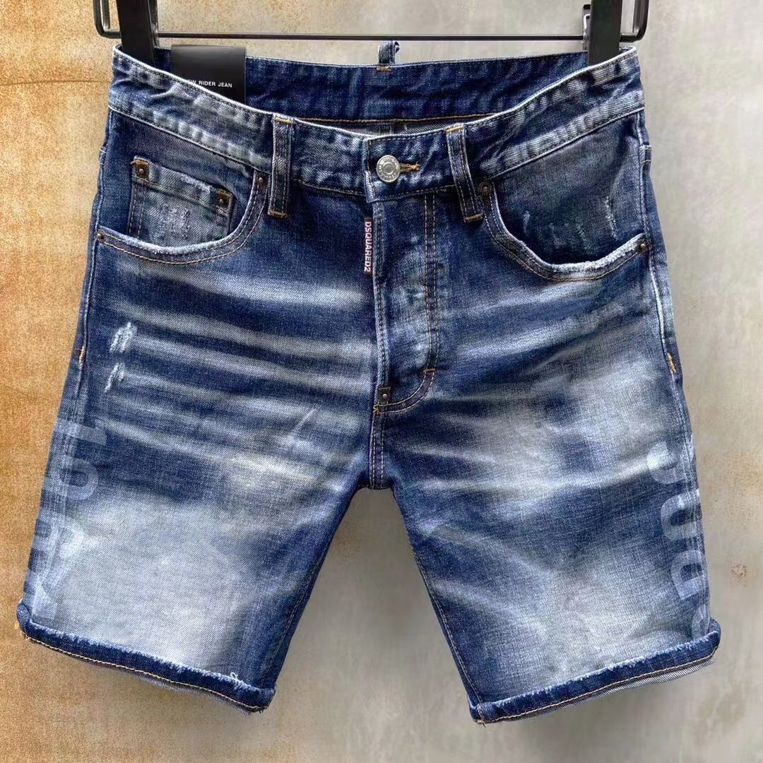 D2 Men's Denim Shorts Five-Point Mid-Length Laser Watermark Original Open Front International Station Stretch_mkmklike.com