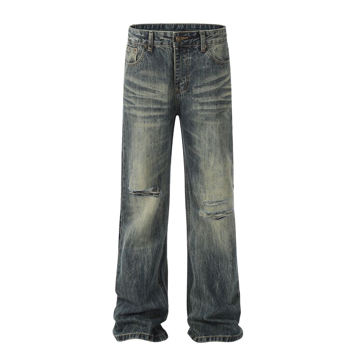 Men's Clothing Street Retro Yellow Mud Washed Old Hole Drape Unisex Jeans_mkmklike.com