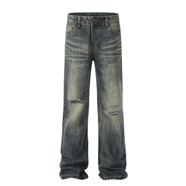 Men's Clothing Street Retro Yellow Mud Washed Old Hole Drape Unisex Jeans_mkmklike.com