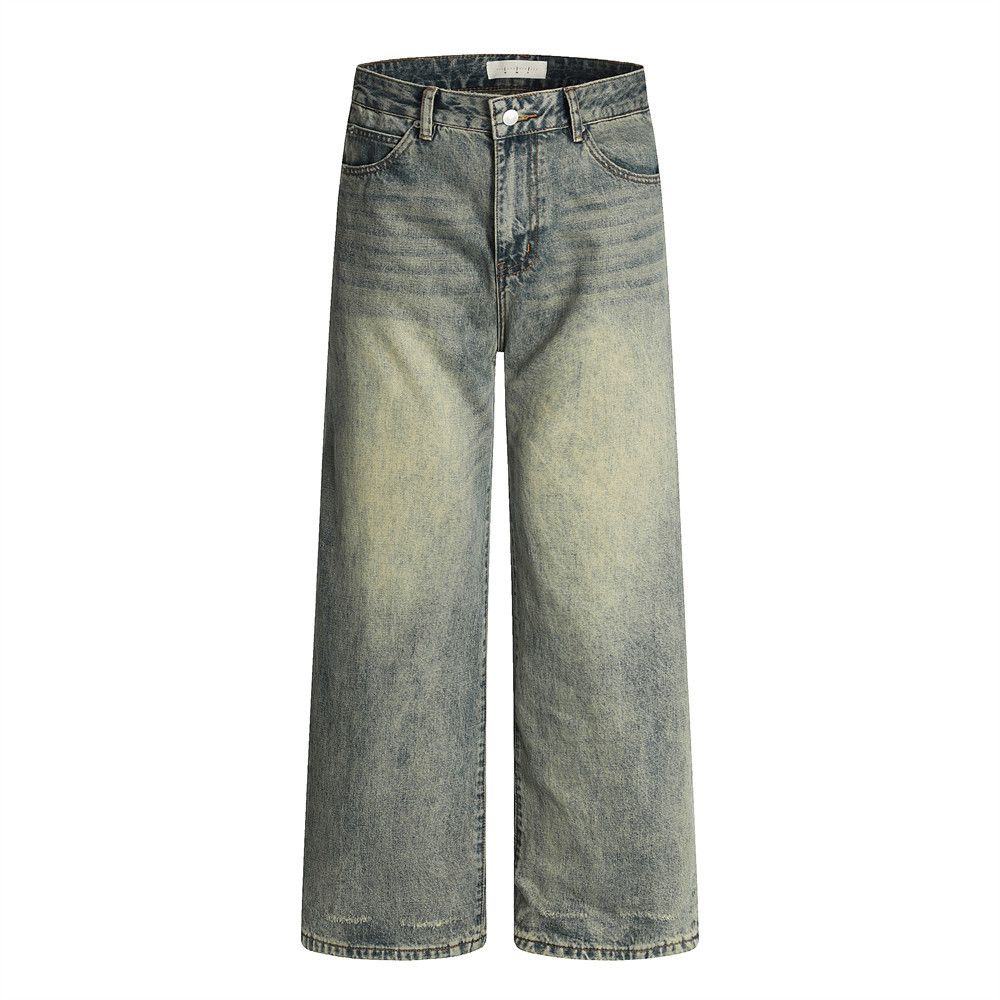 American Punk Vintage Washed Denim Wide-Leg Men's Versatile Loose Dad Faded Wasteland Straight-Leg Pants_mkmklike.com