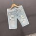 Light Blue Ripped Denim Shorts for Men Trendy Slim Fit Mid-Length Summer Trend Youth Pants_mkmklike.com