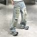 Men's Streetwear Denim Pants – Oversized Distressed Jeans With Hand-Painted Graffiti & Vintage Washed Look (Light Blue, Straight Fit)_mkmklike.com