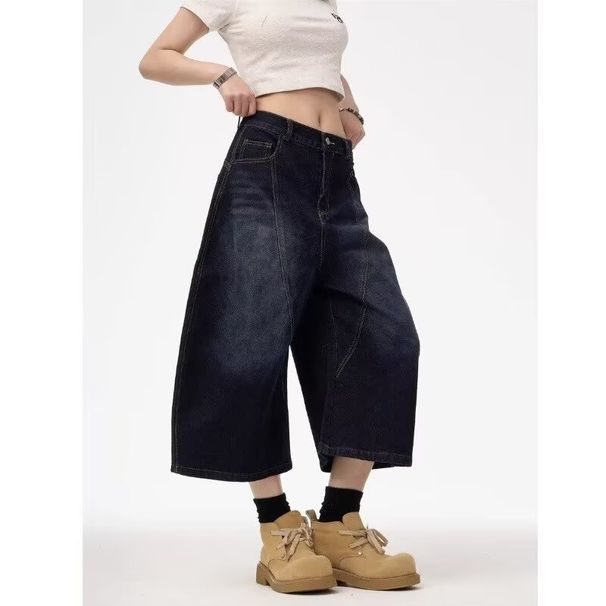 American Street Style Embroidered High-Waisted Slimming Loose Wide-Leg Jeans Unisex Scimitar Cropped Pants_mkmklike.com