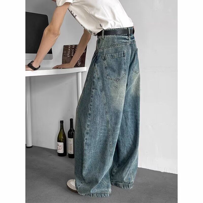 High Street Vintage Washed Wide-Leg Jeans for Men Oversized Denim Pants with Distressed Details_mkmklike.com