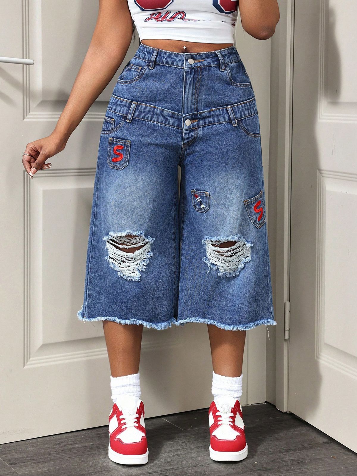 Trendy Casual Ripped Frayed Hem Versatile Women's Jeans 7/8" Pants Relaxed Everyday Wear Versatile Comfortable Feshion Trend_mkmklike.com
