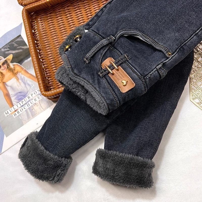 Women's High-Waisted Skinny Jeans – Stretch Fleece-Lined Winter Pants, Slim Fit & Ankle-Length, Deep Gray Blue For Everyday Comfort_mkmklike.com