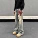 Men's Vintage Washed Yellow Mud Flared Jeans - Loose Fit High Street Denim Pants With Embroidery_mkmklike.com