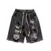 Vintage Washed Blue Denim Shorts For Men, Loose Fit Straight Leg Casual Summer Shorts With Distressed Details_mkmklike.com