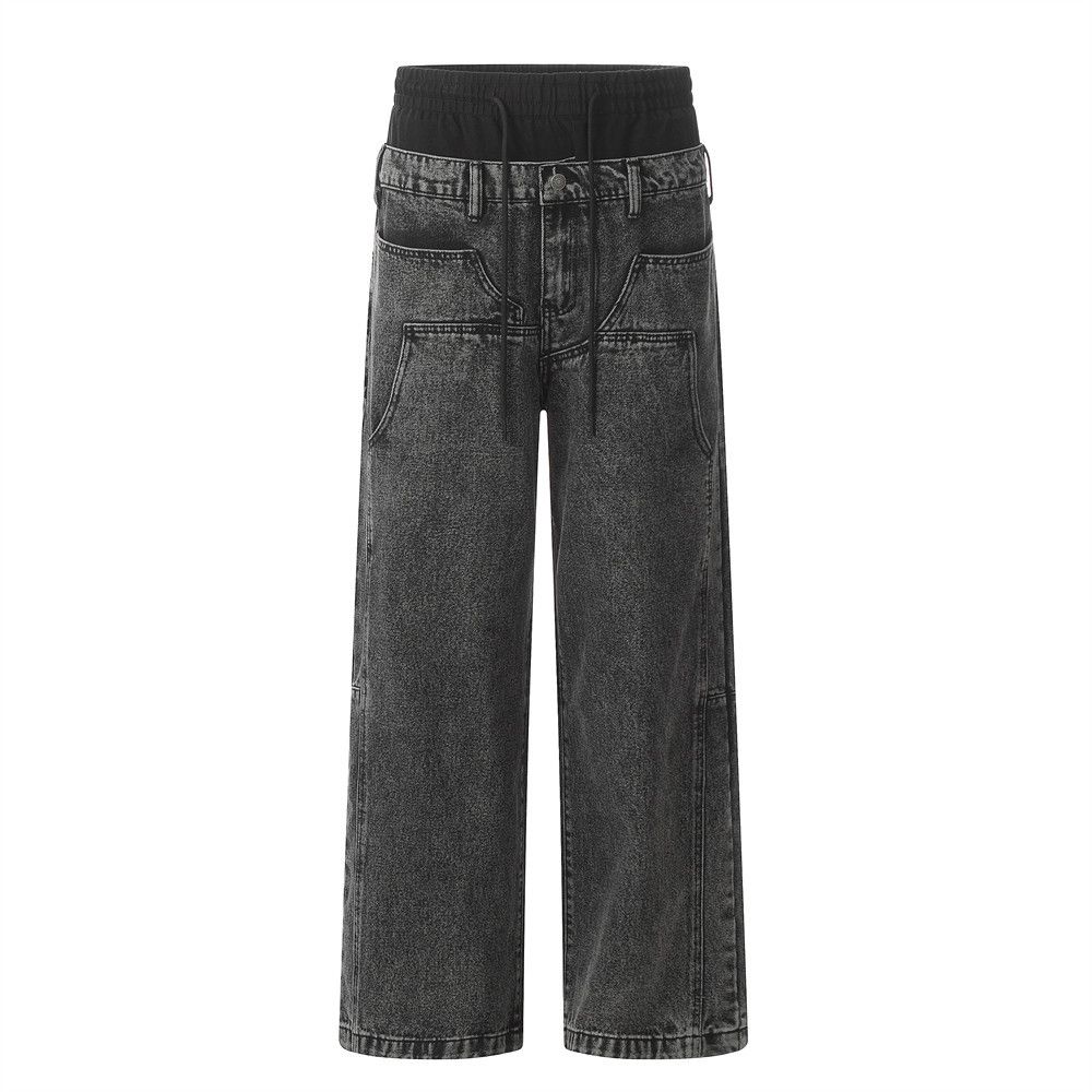 Vintage Washed Jeans For Men, Two-Piece Design, Double Waistband, Unique Workwear Style, Straight-Leg Trousers,_mkmklike.com