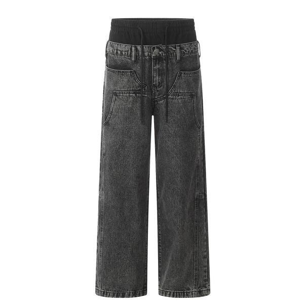 Vintage Washed Jeans For Men, Two-Piece Design, Double Waistband, Unique Workwear Style, Straight-Leg Trousers,_mkmklike.com