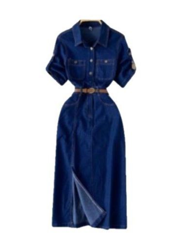 Women's Clothing High End Polo Collar Denim Dress Summer Split Belt Design Niche Temperament Long Skirt_mkmklike.com