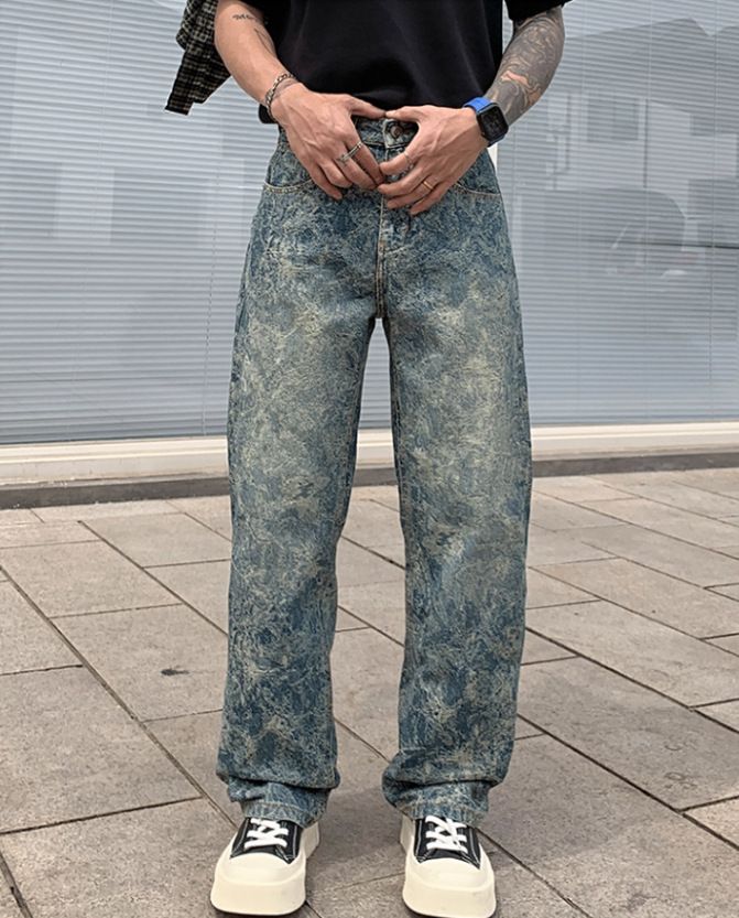 Vintage Washed Denim Jeans For Men - Relaxed Fit Straight Leg Casual Trousers With High Street Aesthetic, Light Blue_mkmklike.com