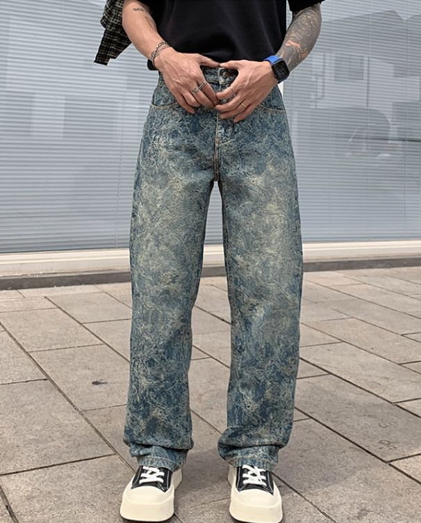 Vintage Washed Denim Jeans For Men - Relaxed Fit Straight Leg Casual Trousers With High Street Aesthetic, Light Blue_mkmklike.com