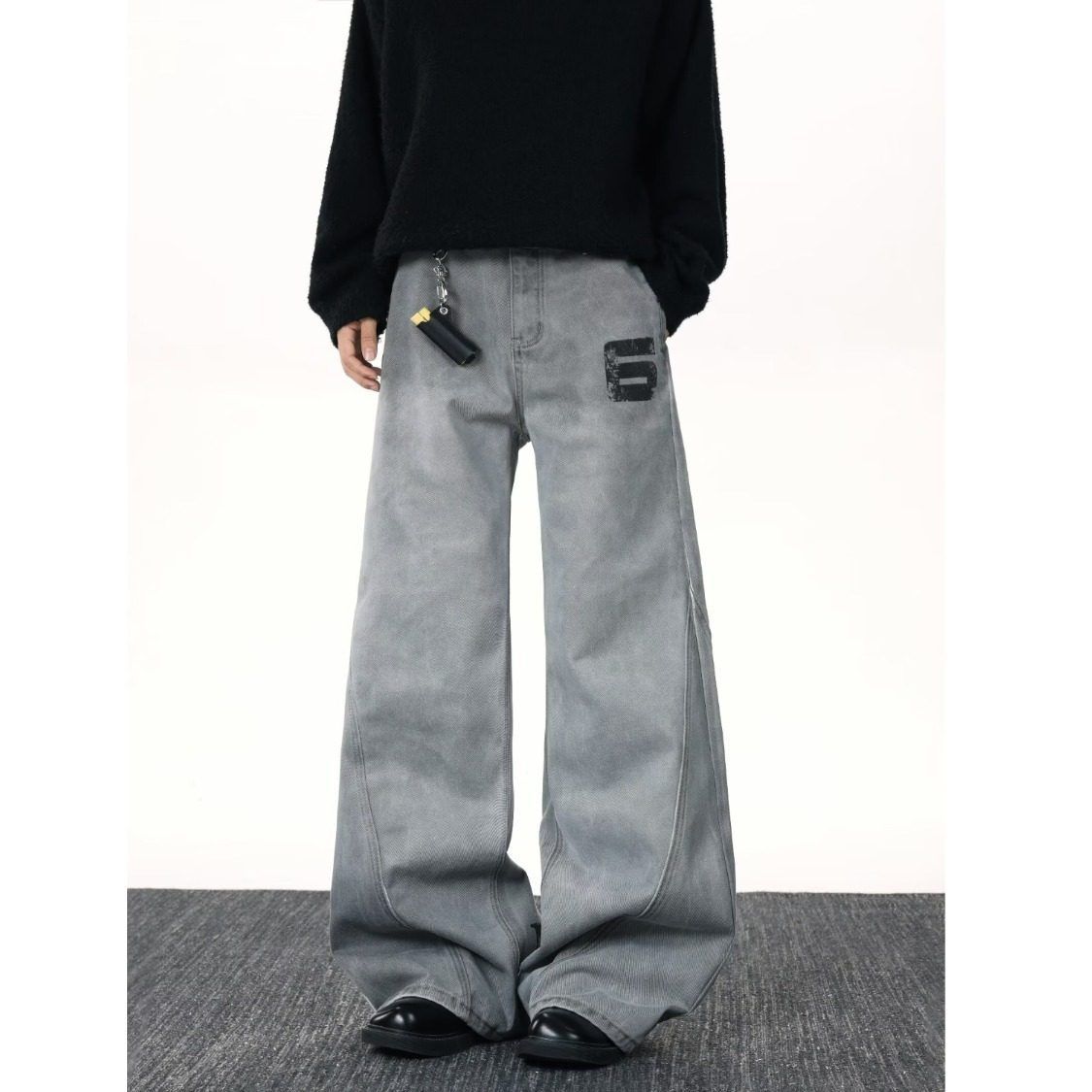 "Unisex Vintage Washed Distressed Jeans – High Street Winter Denim With Letter Print, Relaxed Straight-Leg Micro Flare | Retro Comfort "_mkmklike.com