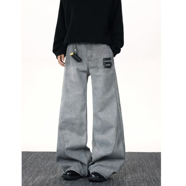 "Unisex Vintage Washed Distressed Jeans – High Street Winter Denim With Letter Print, Relaxed Straight-Leg Micro Flare | Retro Comfort "_mkmklike.com