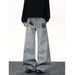 "Unisex Vintage Washed Distressed Jeans – High Street Winter Denim With Letter Print, Relaxed Straight-Leg Micro Flare | Retro Comfort "_mkmklike.com