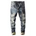 Men's Trendy Slim Fit Blue Ripped Whiskered Jeans Elastic Straight Leg Pants New Spring Autumn Collection_mkmklike.com