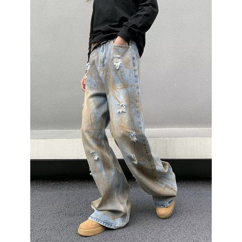 Vintage Washed Distressed Wide-Leg Jeans – 90s Retro Straight Fit Denim Pants For Men (Light Blue)_mkmklike.com