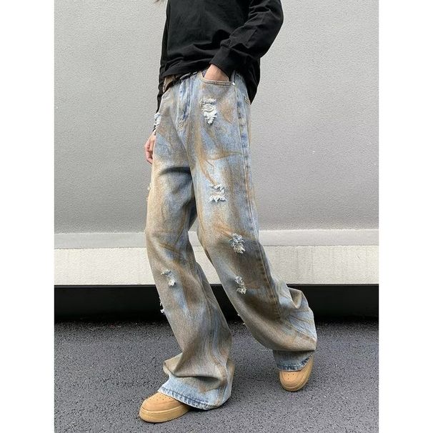 Vintage Washed Distressed Wide-Leg Jeans – 90s Retro Straight Fit Denim Pants For Men (Light Blue)_mkmklike.com