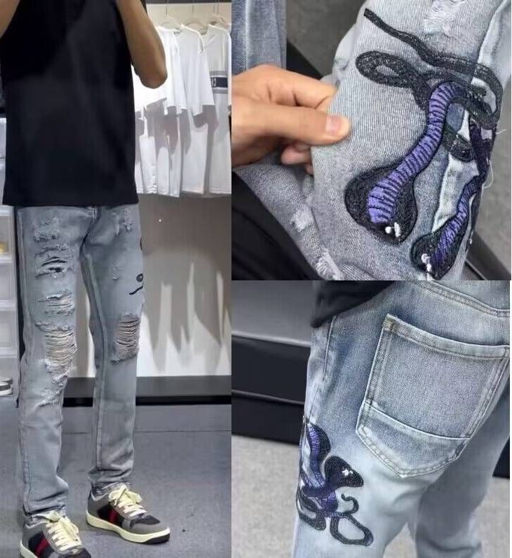 Trendy Men's Summer Embroidered Jeans Hong Kong Style Hip Hop High Street Cool Stylish mid Waist Long Pants Cotton Black Gray Blue_mkmklike.com