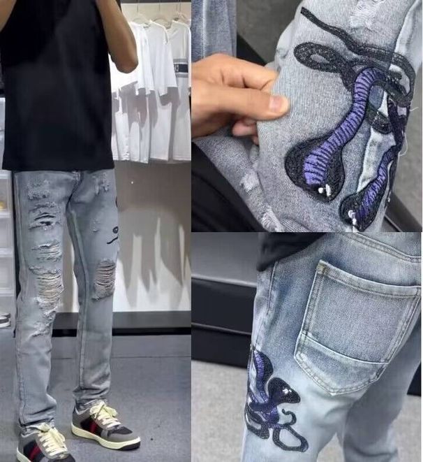 Trendy Men's Summer Embroidered Jeans Hong Kong Style Hip Hop High Street Cool Stylish mid Waist Long Pants Cotton Black Gray Blue_mkmklike.com