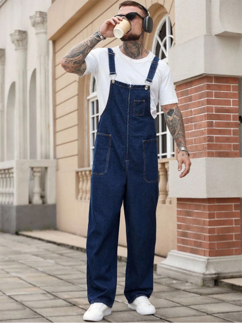 Men's Denim Overalls, Washed Casual Jumpsuit With Adjustable Straps, Streetwear Baggy Fit For Daily Wear_mkmklike.com