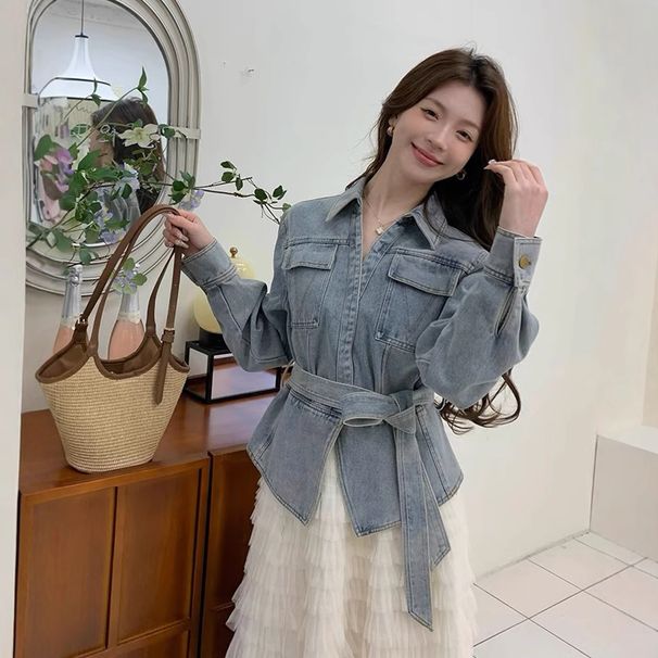 High-end Quality 2025 Spring New Fashion Hong Kong Style Retro Washed Denim Jacket With Belt For Women_mkmklike.com