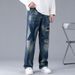 Men's Autumn New Ripped Jeans Patch Loose Straight Wide Leg Trendy Casual Men's Pants_mkmklike.com