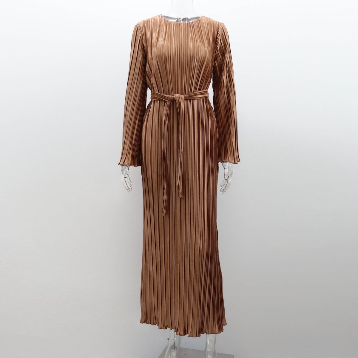 Women's clothing new fashion long skirt female leisure solid color round neck trumpet sleeve pleated dress_mkmklike.com