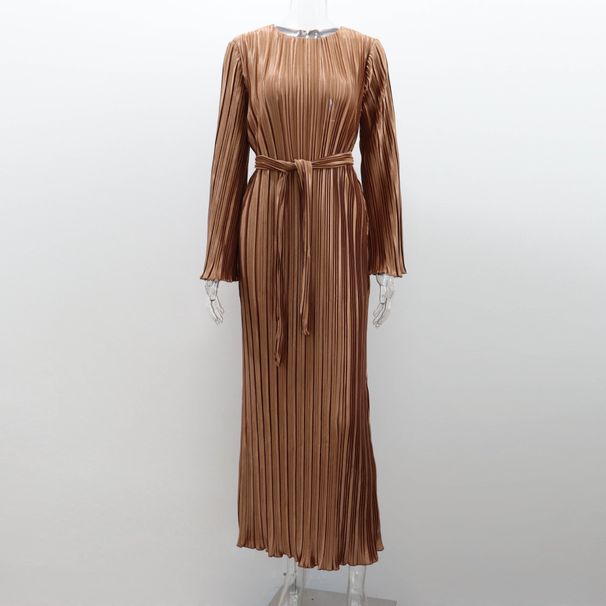 Women's clothing new fashion long skirt female leisure solid color round neck trumpet sleeve pleated dress_mkmklike.com
