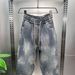Men's Distressed Slim-Fit Cuffed Jeans – Vintage Washed Denim Pants With Rip Details & Drawstring Waist For Streetwear Style_mkmklike.com