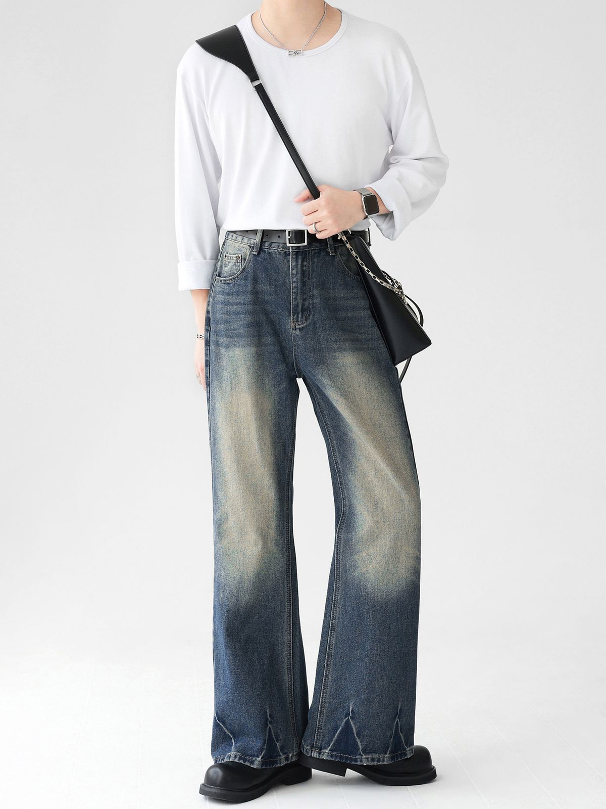 Vintage Washed Men's Flared Jeans - Retro Wide Leg Bootcut Denim Pants With Distressed Detailing For Casual Streetwear_mkmklike.com