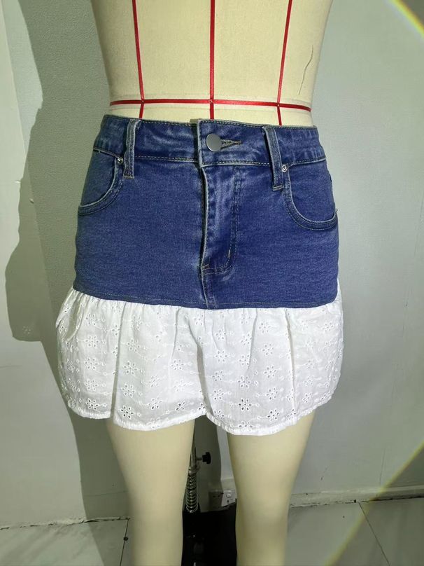 Women's New Denim Patchwork Lace Lace Tight Fitting Slimming Short Skirt With Hip Hugging And Spicy Features_mkmklike.com